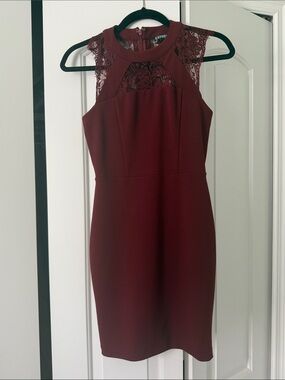 Express Burgundy Lace-Trim Sheath Mini Dress